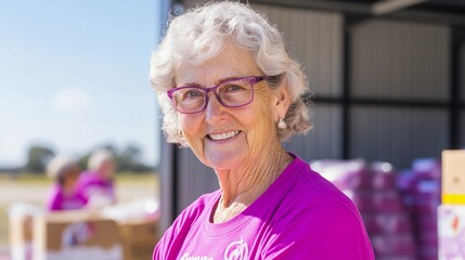 Senior retired white woman smiling wearing glasses and a purple shirt volunteering in a community charity event showing retirement activities and giving back concept