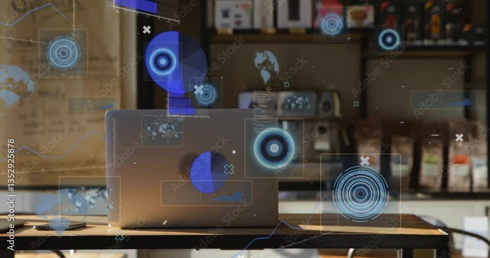 Poster on desk, laptop displaying digital data processing animation in office setting