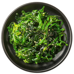 Fresh seaweed salad presented in a black bowl showcasing vibrant greens and sesame seeds, Seaweed salad on black plate, top view, isolated Transparent background