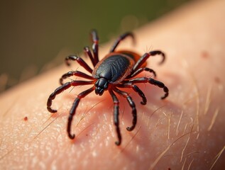Obraz premium A close-up of a tick biting human skin, showing sharp detail under natural outdoor lighting, highlighting the dangerous health risks posed by tick bites.