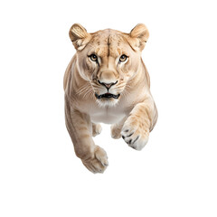 A powerful lioness charges forward, her intense gaze fixed, mouth open in a threatening display of sharp teeth, showcasing raw power and aggression.