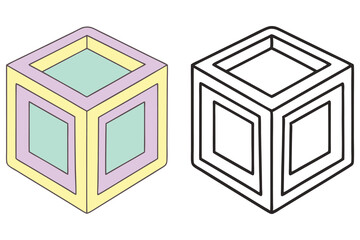 Isometric Cubes in Color and Line Art Abstract Forms with Geometric Precision Design
