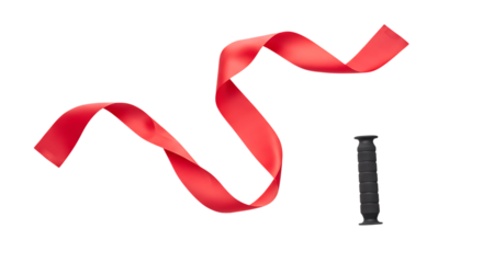 Winding Red Ribbon and Black Handle Isolated on Black Backdrop