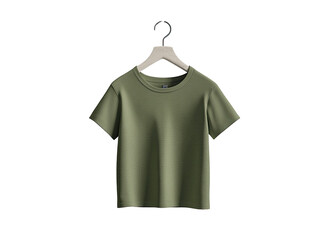 Simple, olive green, short-sleeve t-shirt on hanger