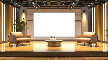 A sleek talk show set with a blank white screen, contemporary leather sofas, and an artistic backdrop with decorative elements