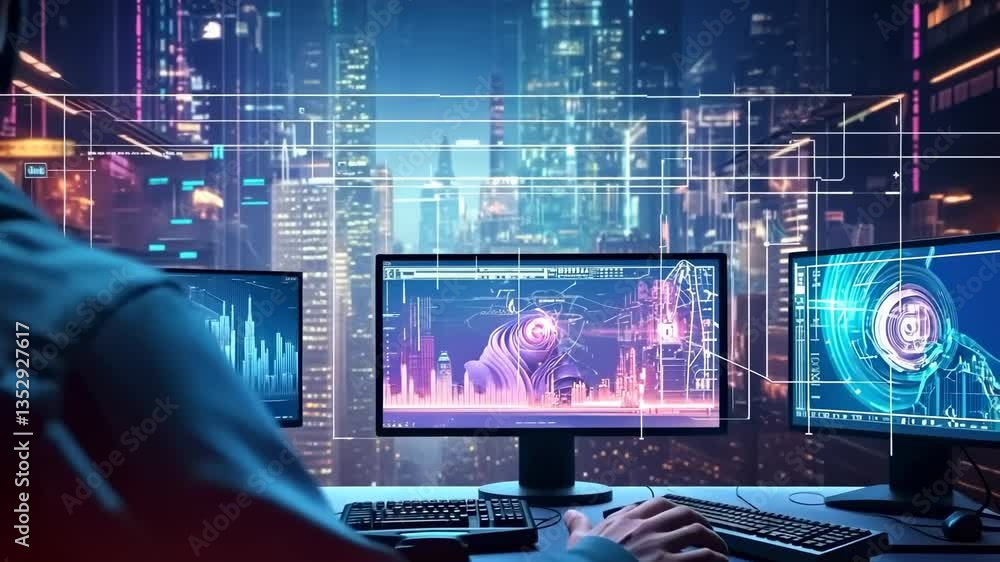Aufkleber a futuristic video concept with a person at a computer setup, cityscape backdrop. shot from behind a