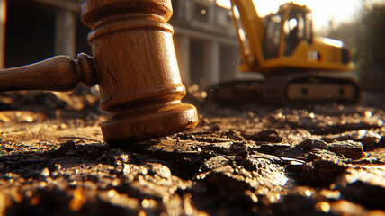  Legal Adjudication in Construction and Land Development: Gavel Striking Ground with Excavator in Background
