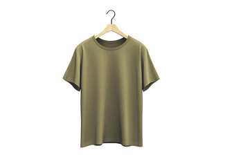 Plain, olive-green t-shirt on hanger