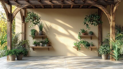 Sunlit patio with plants, wooden pergola, and stone floor; ideal for home decor, garden design, or lifestyle blogs