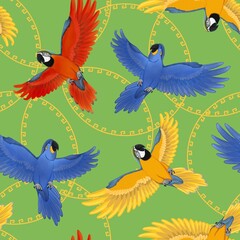 seamless background with macaw on green background 