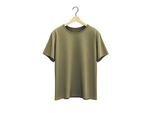 Plain, olive-green t-shirt on hanger