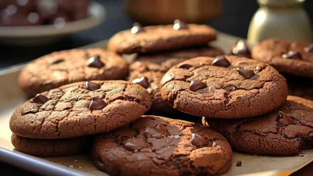 Close-up video of freshly baked chocolate chip cookies on a tray, captured from a low angle, highlighting their texture and rich color.