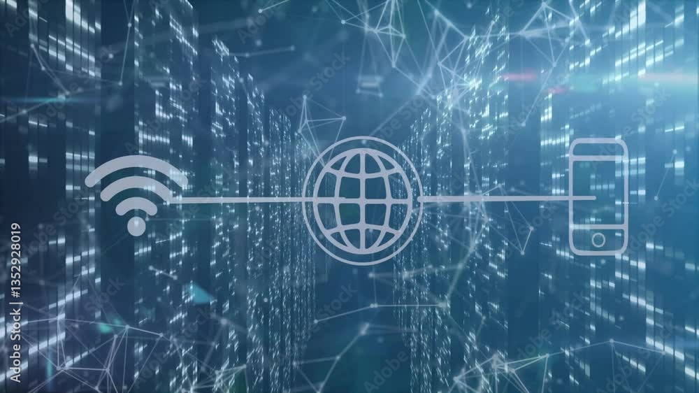 Poster animation of digital symbols over futuristic network and data processing background