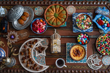 Ramadan Month Celebration Table. Muslim Family Having İftar At Home. Colorful Candies, Desserts and Chocolate, Ramadan Kareem Concept Photo, Uskudar Istanbul, Turkiye (Turkey)