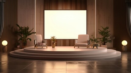 A talk show setting with a blank white screen, classic furniture, and soft lighting creating a welcoming atmosphere