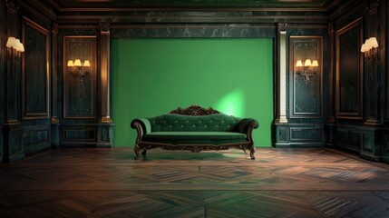 A talk show studio with a blank green screen, a luxurious velvet couch, and a sophisticated dark wood floor