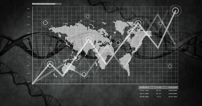 World map with DNA strands and financial data processing animation - Powered by Adobe