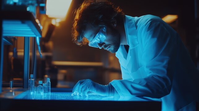 A scientist looking down over laboratory glassware doing research analysis