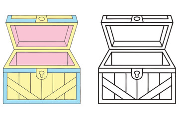 Open Treasure Chest Clipart Colorful & Outline Box with Lock Detail