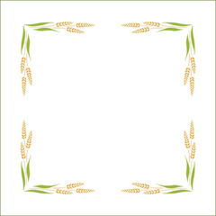 Elegant yellow ornamental frame with cereal spikelets, wheat ears, decorative border, corners for greeting cards, banners, business cards, invitations, menus. Isolated vector illustration.	