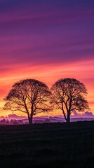 Fototapeta premium Two silhouetted trees stand beneath colorful sunset.