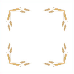 Elegant yellow ornamental frame with cereal spikelets, wheat ears, decorative border, corners for greeting cards, banners, business cards, invitations, menus. Isolated vector illustration.	