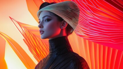 Woman with futuristic headdress against vibrant backdrop.