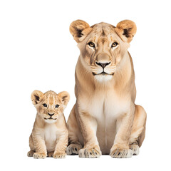 Fototapeta premium Lioness and cub: a tender moment in the animal kingdom, showcasing the bond between mother and child. The cub's innocence contrasts with the lioness's strength.