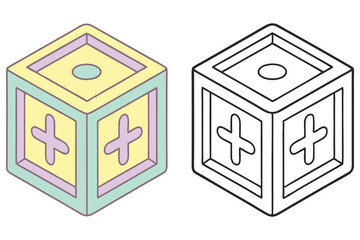 Pastel Colored Cube with Hollowed Out Edges and Black and White Outline Version