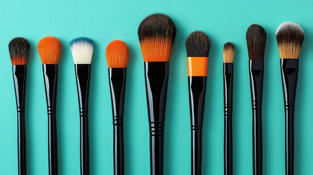 Makeup brushes arranged on teal background; beauty product flatlay; cosmetic tools; for blog, website, or tutorial