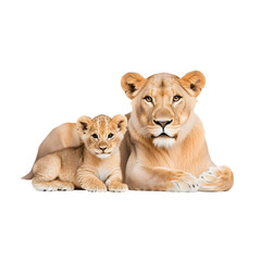 A heartwarming image of a lioness attentively watching over her adorable cub, showcasing the tender bond between mother and child in the animal kingdom.