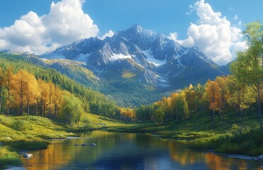 Serene Landscape with Snow-Capped Mountains, Tranquil Lake, and Vibrant Autumn Trees

