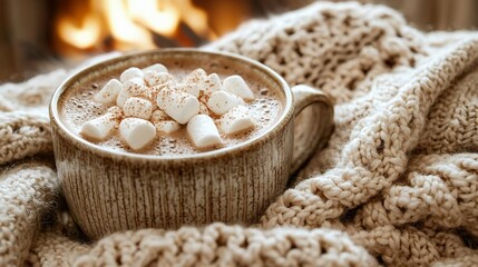 Fototapeta premium Cozy hot chocolate with marshmallows by fireplace. (1)