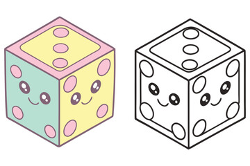 Pastel Dice with Cute Face, Colorful and Outline Versions, Isometric Style