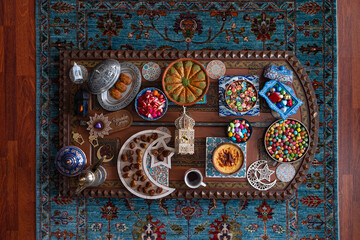 Ramadan Month Celebration Table. Muslim Family Having İftar At Home. Colorful Candies, Desserts and Chocolate, Ramadan Kareem Concept Photo, Uskudar Istanbul, Turkiye (Turkey)