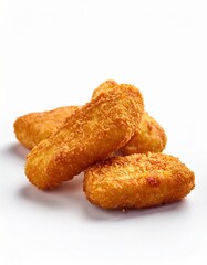 Golden crispy chicken nuggets on white background