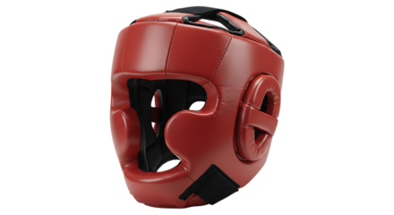 Red boxing headgear close-up for protection during combat sports training