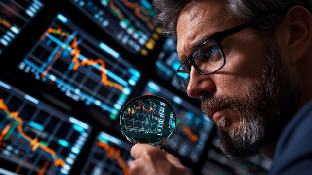 Expert financial analyst deciphering big data on desktop lcd screen for investment success
