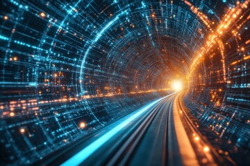 Abstract tunnel with glowing lines and rails leads to bright light. Great for illustrating technology, data transfer, and digital infrastructure.