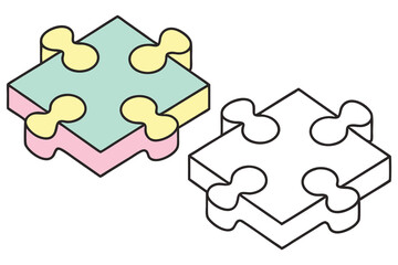 Puzzle Piece Icon, Teal, Pink, Yellow Shapes, Black Outline, Isolated, Isometric View