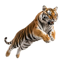 Obraz premium Tiger leaping powerfully against a black backdrop. The majestic creature is captured mid-air, its stripes contrasting against its vibrant orange fur.