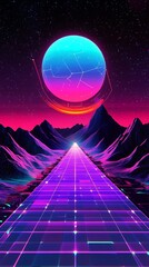 Neon road to a futuristic planet