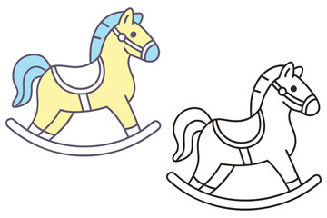 Rocking Horse Clipart Yellow and Blue Toy with Black Outline on White