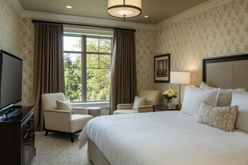 A luxurious bedroom interior with a comfortable bed and armchairs