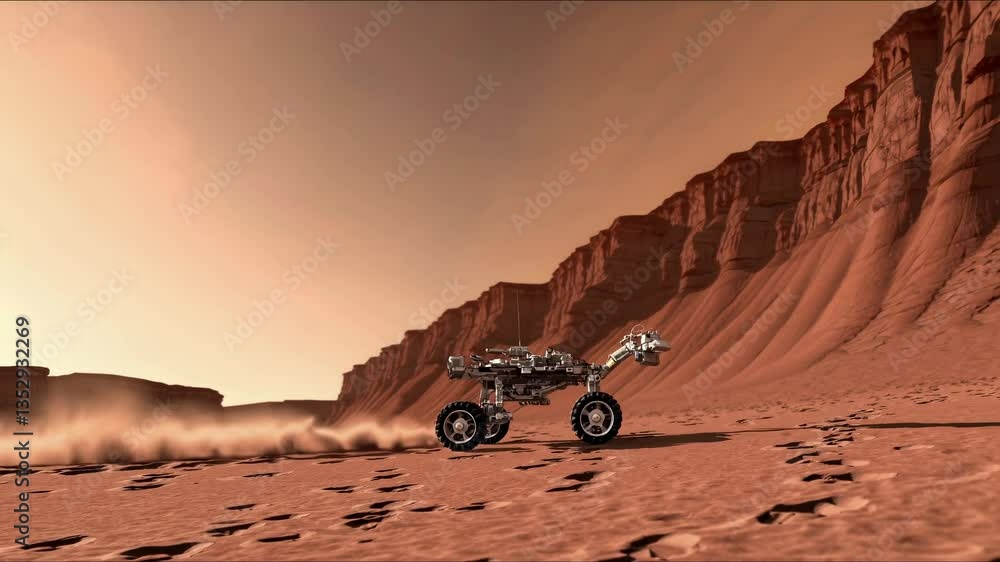 Poster advanced autonomous exploration vehicle traversing rugged extraterrestrial terrain on planet mars, g