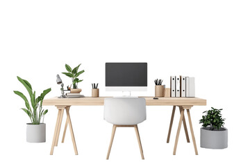Minimalist Home Office Workspace with Light Wood Desk and White Chair, PNG