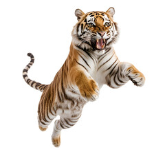 Obraz premium Tiger leaping powerfully against a black backdrop. The majestic creature is captured mid-air, its stripes contrasting against its vibrant orange fur.