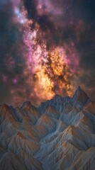Fototapeta premium Mountain range under a vibrant nebula, glowing brightly in the night