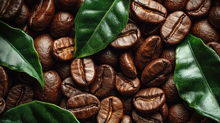 Roasted coffee beans with fresh leaves, close-up shot, food background, ideal for cafe menus