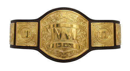 Golden wrestling championship belt with leather strap isolated on Transparent Background
